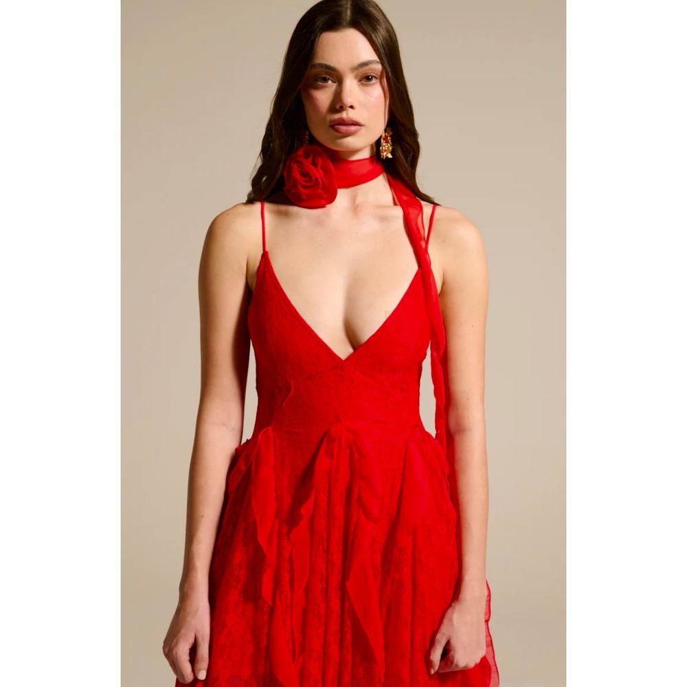 Red Lace Maxi Prom Dress Deep V Ruffle Sash Necklace Tie Party Formal Sold Out - Picture 9 of 11